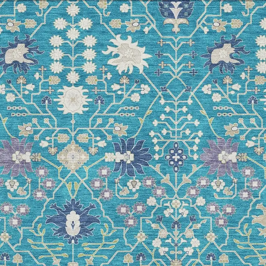 Teal Purple And Ivory Oriental Washable Area Rug With UV Protection Photo 2