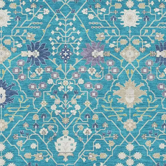 Teal Purple And Ivory Oriental Washable Area Rug With UV Protection Photo 2