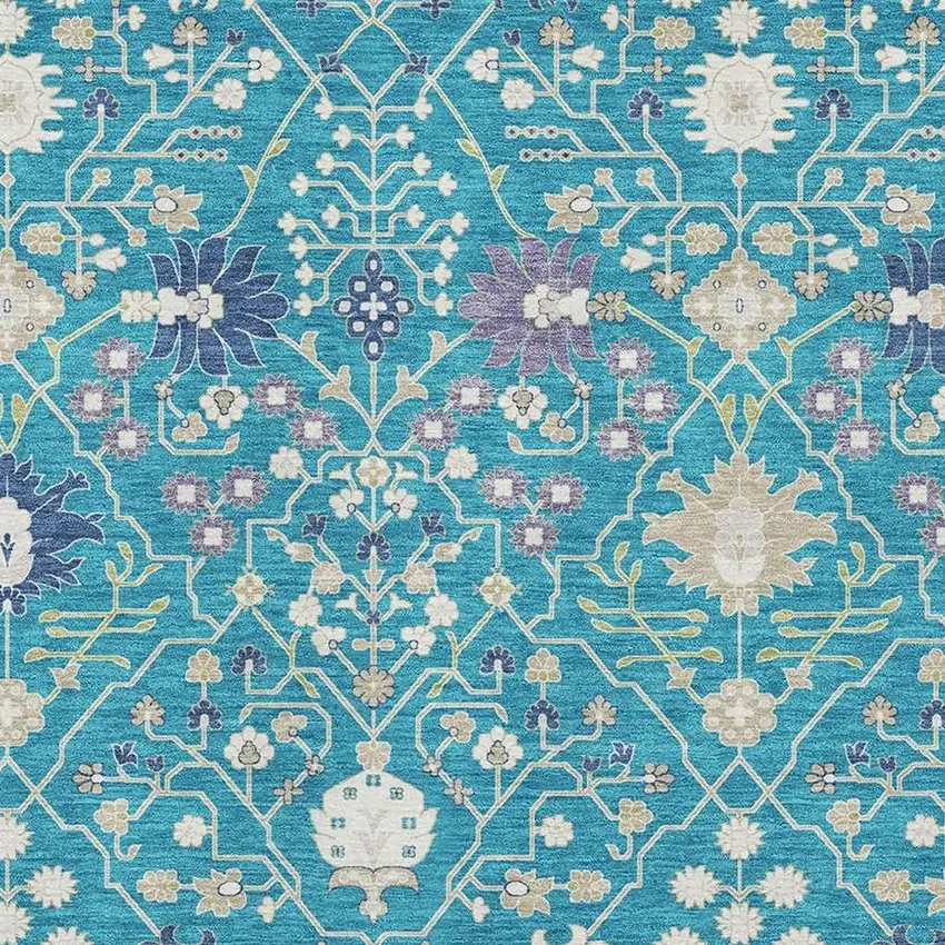 Teal Purple And Ivory Oriental Washable Area Rug With UV Protection Photo 2
