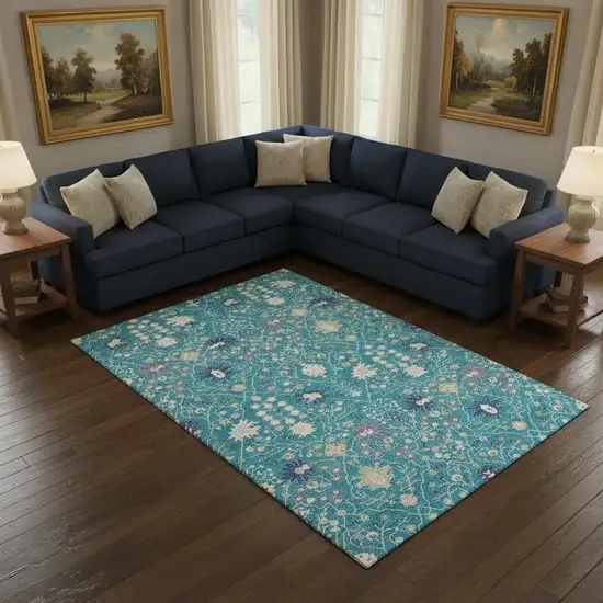 Teal Purple And Ivory Oriental Washable Area Rug With UV Protection Photo 2