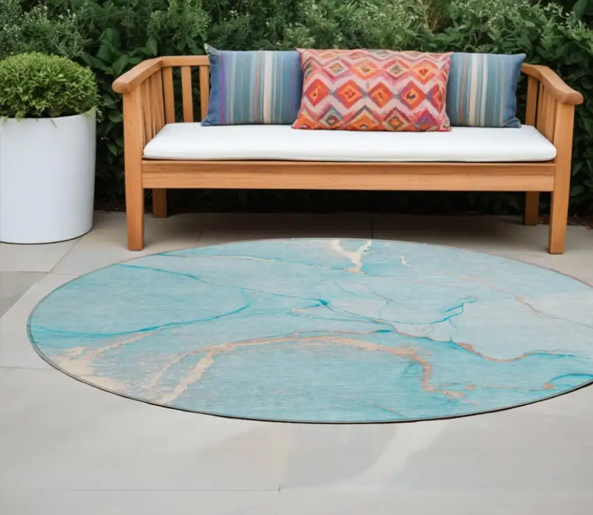 Teal Round Abstract Washable Indoor Outdoor Area Rug Photo 1
