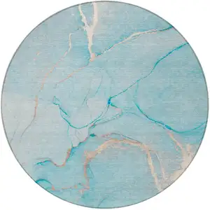 Photo of Teal Round Abstract Washable Indoor Outdoor Area Rug