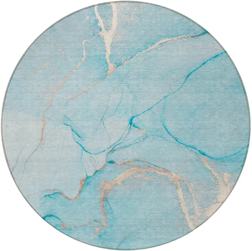 Teal Round Abstract Washable Indoor Outdoor Area Rug Photo 2