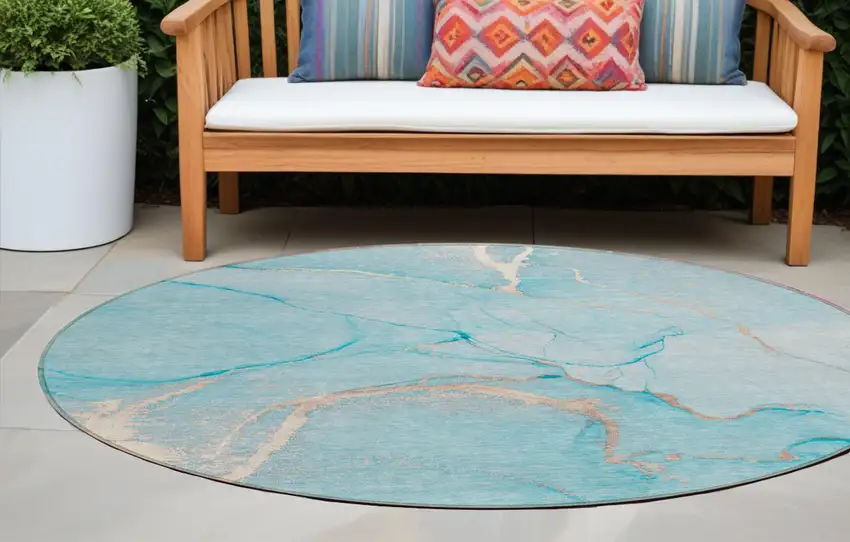 Teal Round Abstract Washable Indoor Outdoor Area Rug Photo 1