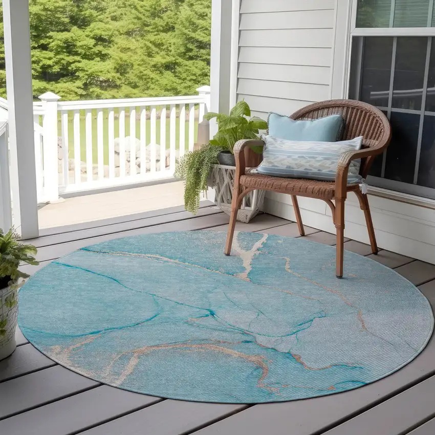 Teal Round Abstract Washable Indoor Outdoor Area Rug Photo 6