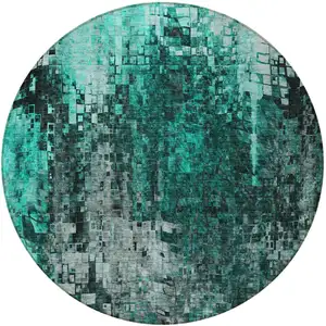 Photo of Teal Round Abstract Washable Non Skid Indoor Outdoor Area Rug