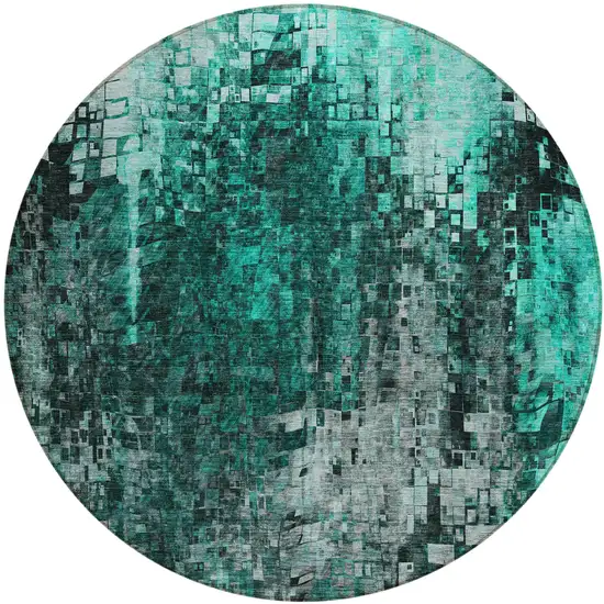 Teal Round Abstract Washable Non Skid Indoor Outdoor Area Rug Photo 1