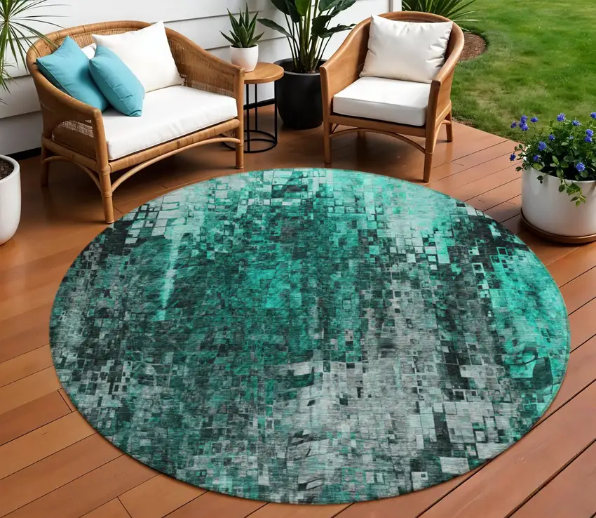Teal Round Abstract Washable Non Skid Indoor Outdoor Area Rug Photo 9