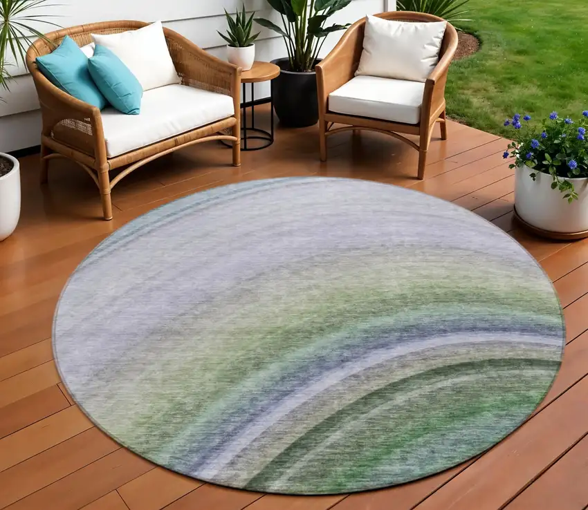 Teal Round Abstract Washable Non Skid Indoor Outdoor Area Rug Photo 1