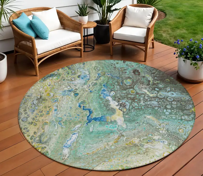 Teal Round Abstract Washable Non Skid Indoor Outdoor Area Rug Photo 1