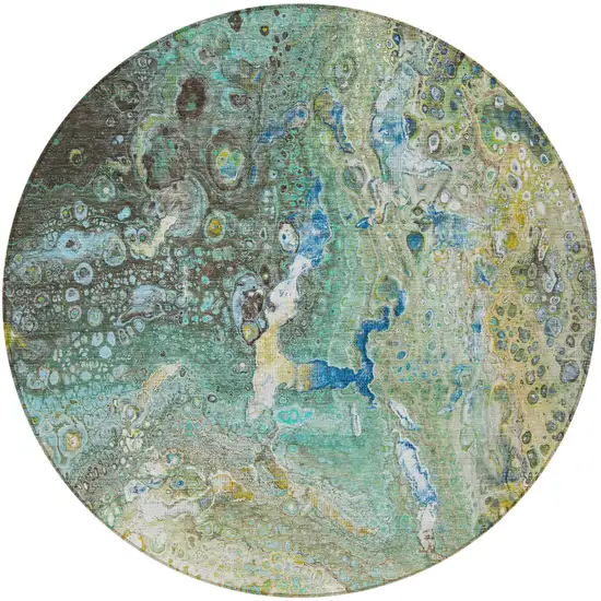 Teal Round Abstract Washable Non Skid Indoor Outdoor Area Rug Photo 5