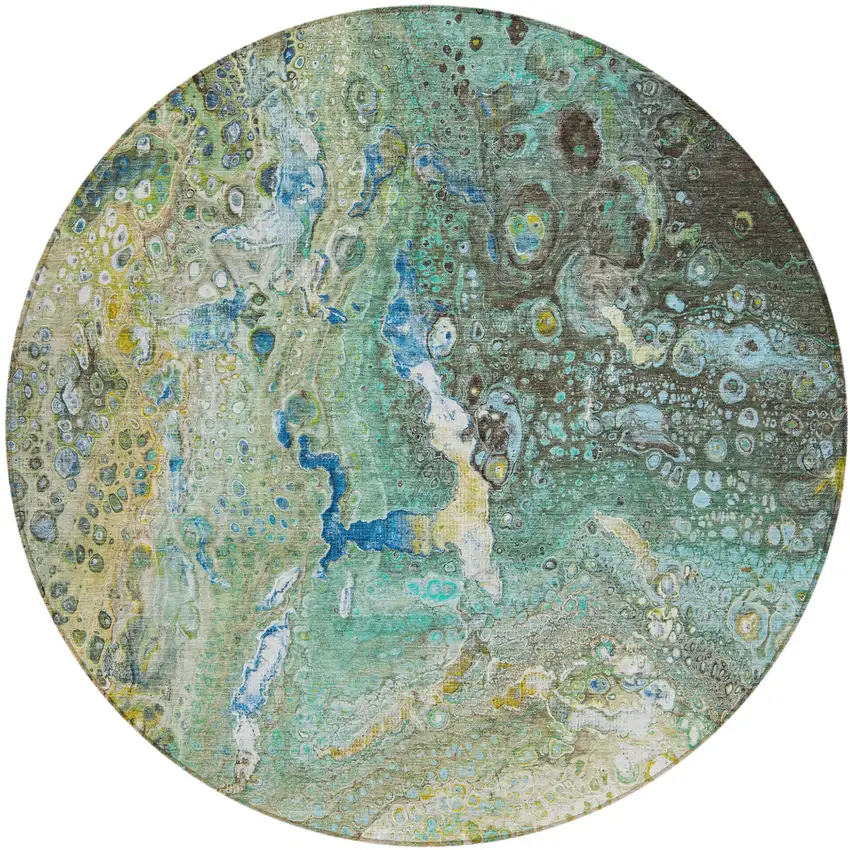 Teal Round Abstract Washable Non Skid Indoor Outdoor Area Rug Photo 2