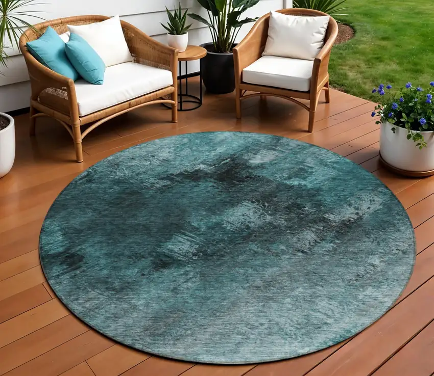 Teal Round Abstract Washable Non Skid Indoor Outdoor Area Rug Photo 1