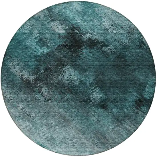 Teal Round Abstract Washable Non Skid Indoor Outdoor Area Rug Photo 6