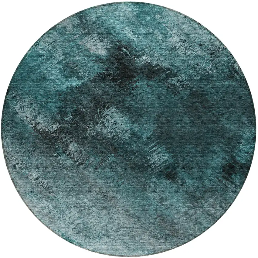 Teal Round Abstract Washable Non Skid Indoor Outdoor Area Rug Photo 6