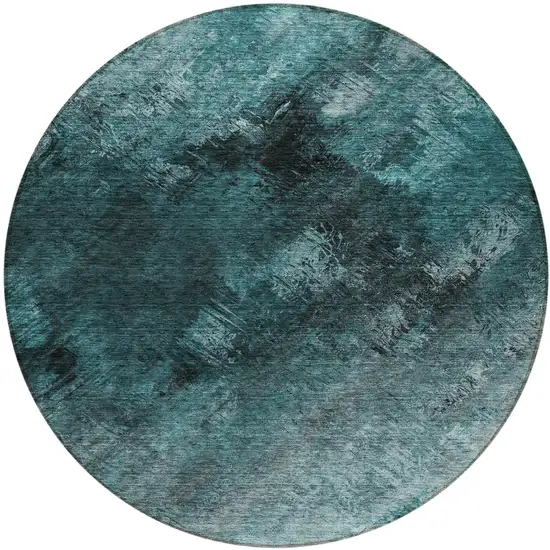 Teal Round Abstract Washable Non Skid Indoor Outdoor Area Rug Photo 2