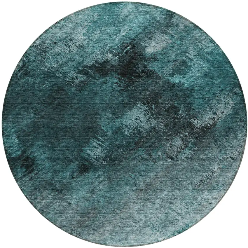 Teal Round Abstract Washable Non Skid Indoor Outdoor Area Rug Photo 2