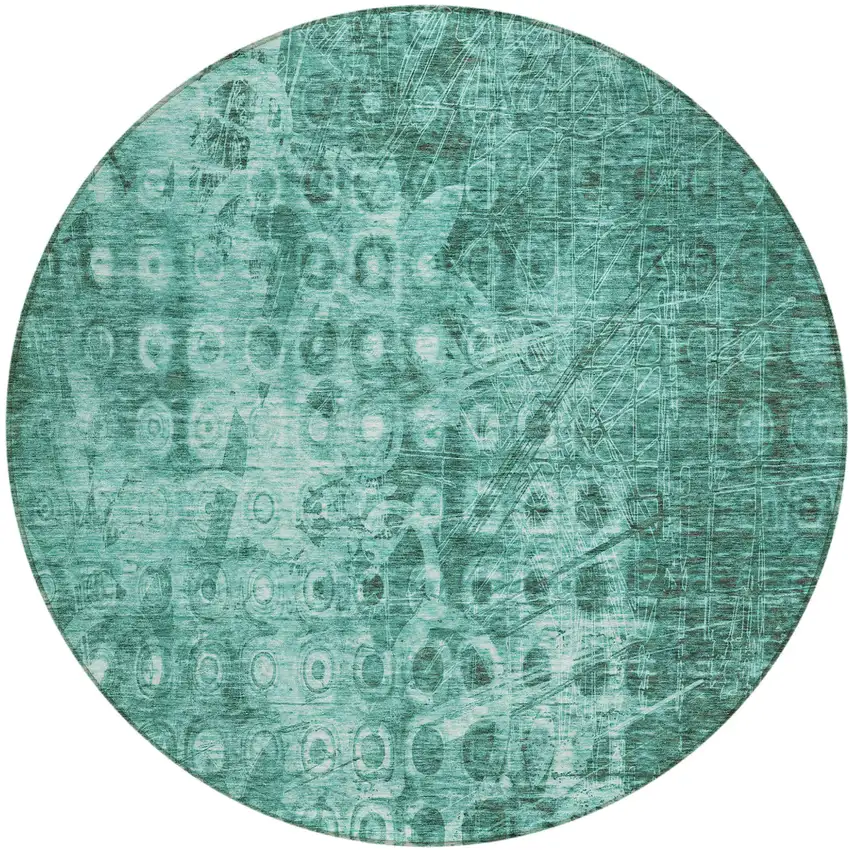 Teal Round Ikat Washable Non Skid Indoor Outdoor Area Rug Photo 2