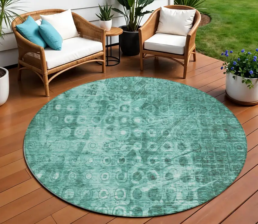 Teal Round Ikat Washable Non Skid Indoor Outdoor Area Rug Photo 1