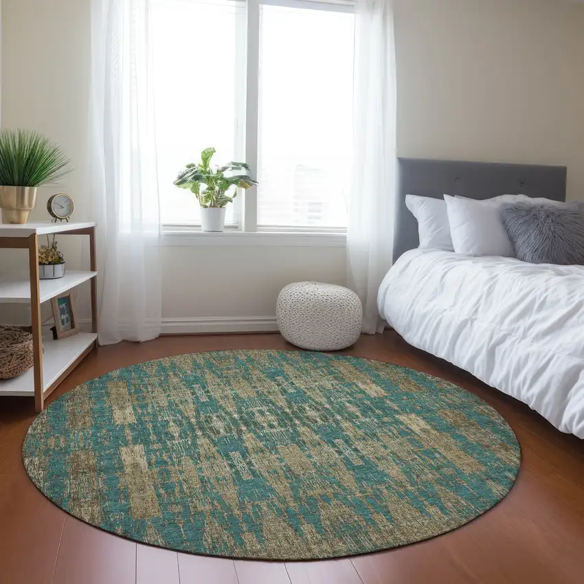 Teal Round Moroccan Washable Non Skid Indoor Outdoor Area Rug Photo 6