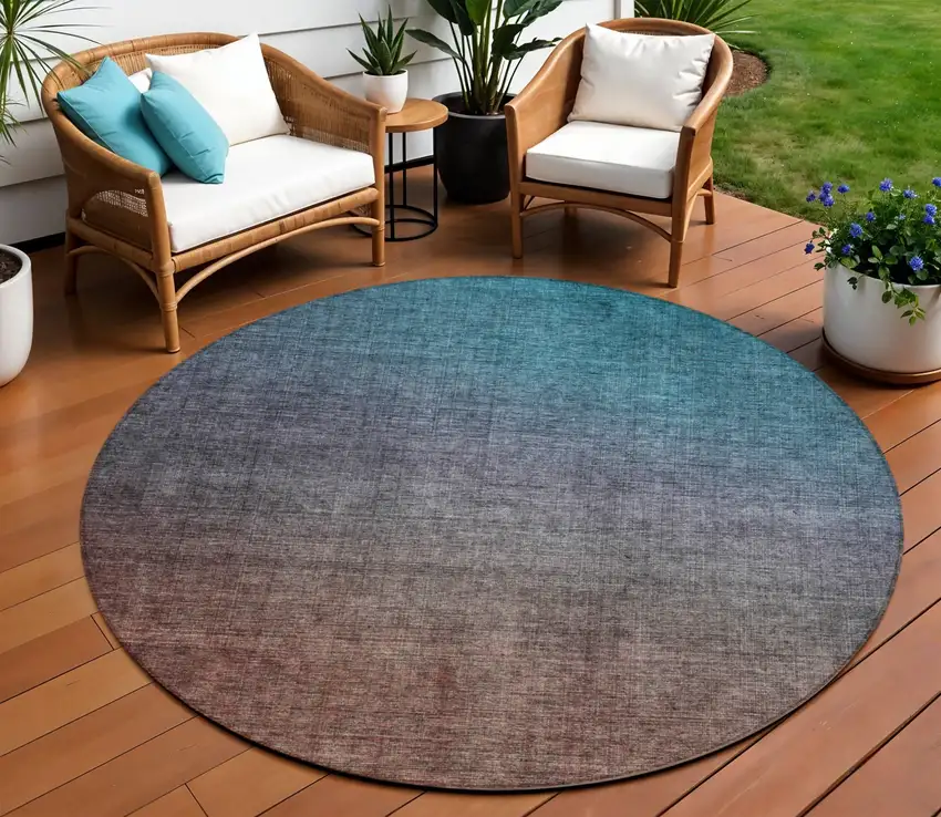 Teal Round Ombre Washable Non Skid Indoor Outdoor Area Rug Photo 1