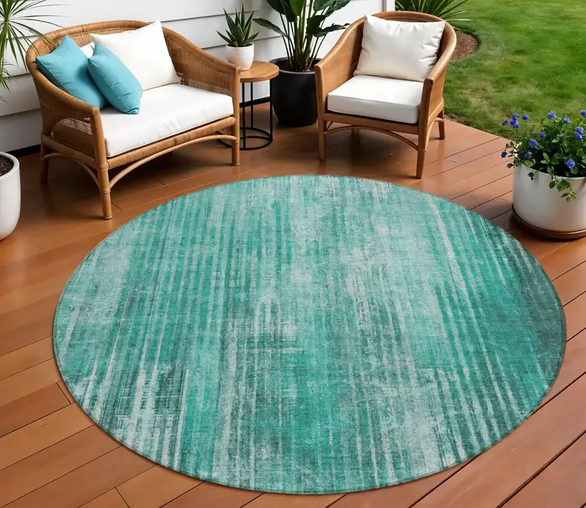 Teal Round Striped Washable Non Skid Indoor Outdoor Area Rug Photo 1