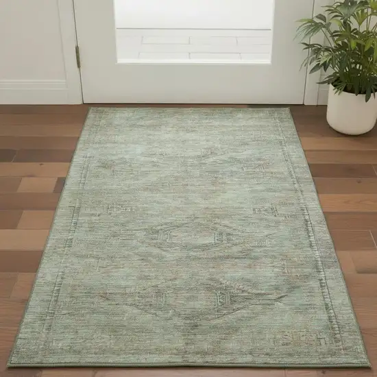 Teal Sage And Copper Abstract Geometric Washable Area Rug With UV Protection Photo 2