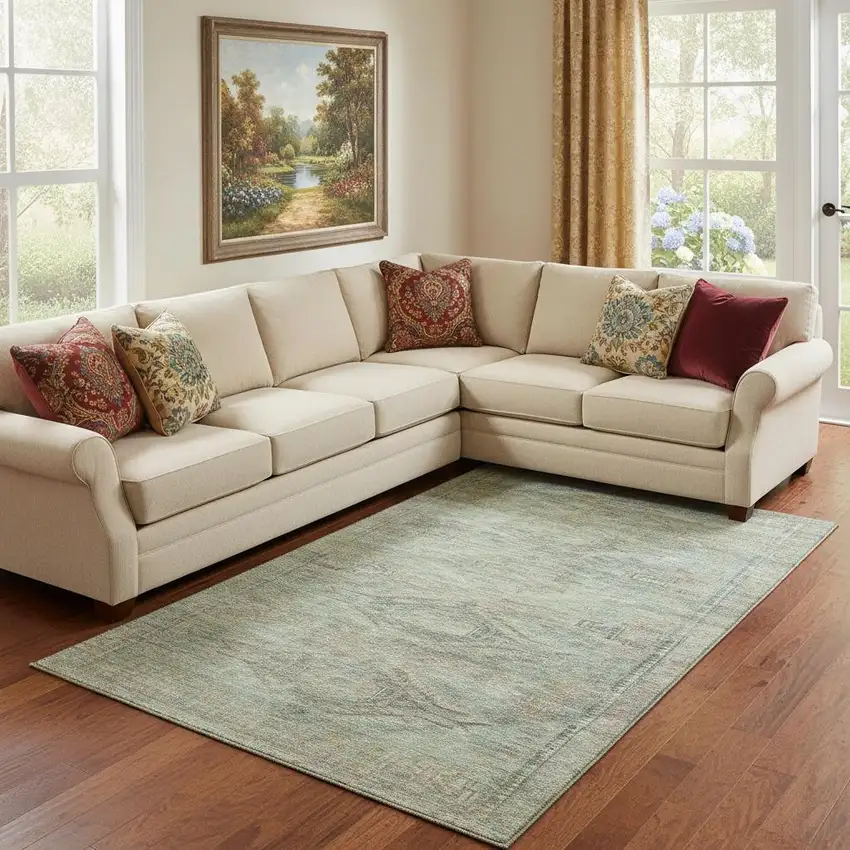 Teal Sage And Copper Abstract Geometric Washable Area Rug With UV Protection Photo 2