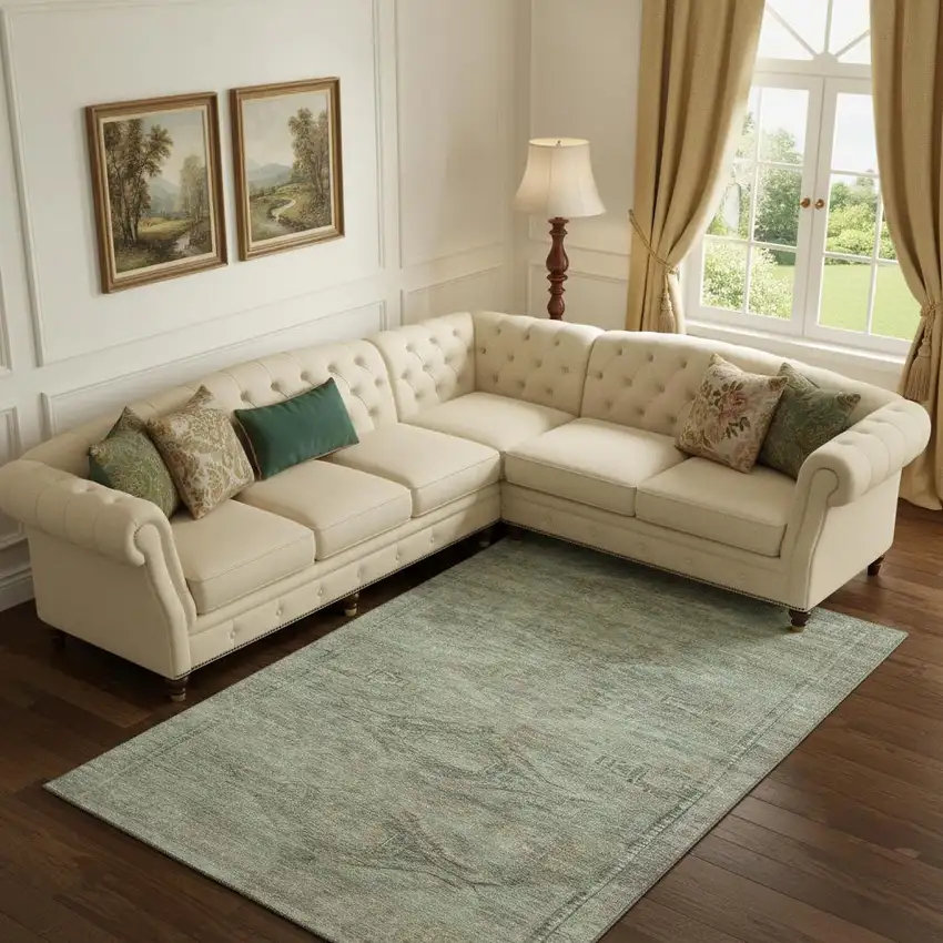 Teal Sage And Copper Abstract Geometric Washable Area Rug With UV Protection Photo 2