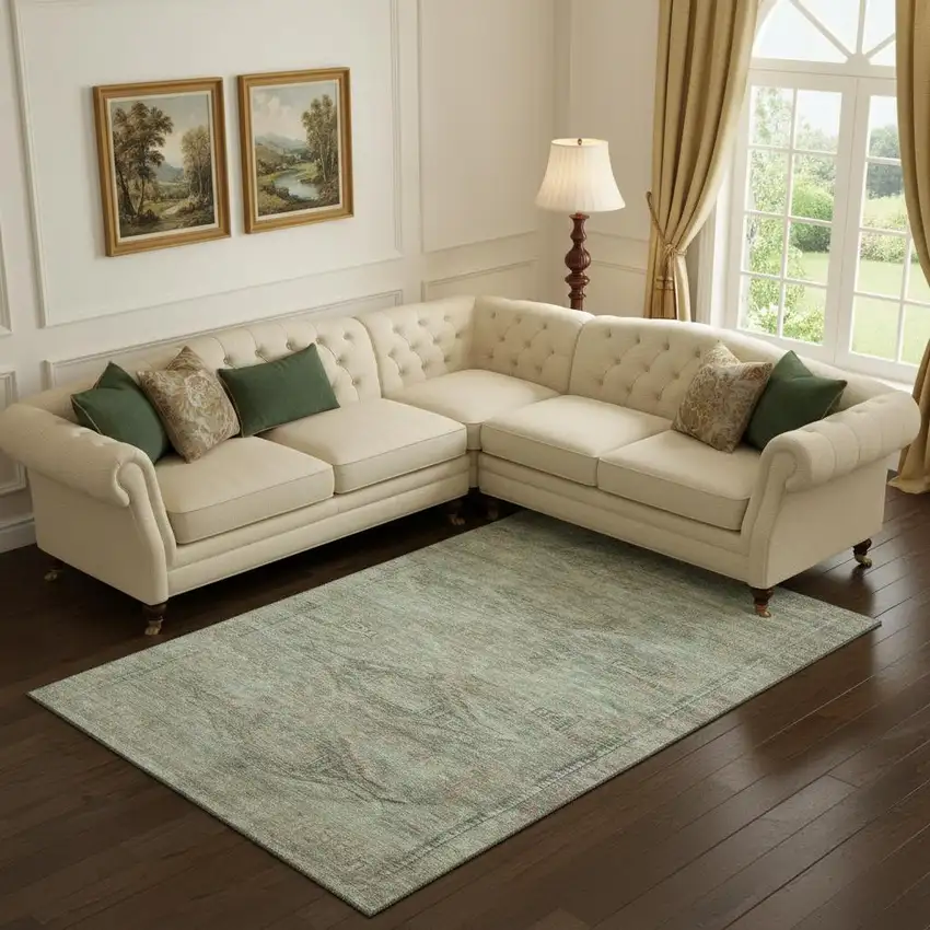 Teal Sage And Copper Abstract Geometric Washable Area Rug With UV Protection Photo 2