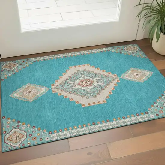 Teal Salmon And Beige Oriental Washable Area Rug With UV Protection Photo 2