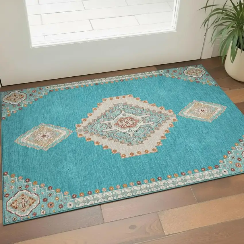 Teal Salmon And Beige Oriental Washable Area Rug With UV Protection Photo 2