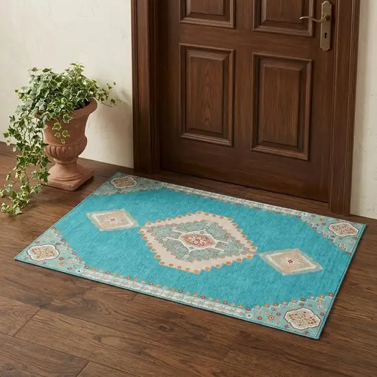 Teal Salmon And Beige Oriental Washable Area Rug With UV Protection Photo 1