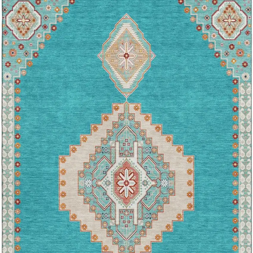 Teal Salmon And Beige Oriental Washable Area Rug With UV Protection Photo 3