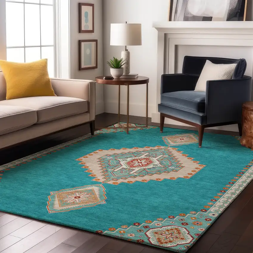 Teal Salmon And Beige Oriental Washable Area Rug With UV Protection Photo 4