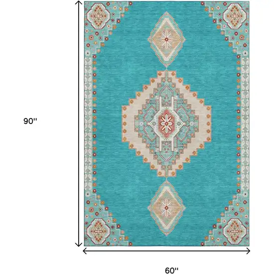 Teal Salmon And Beige Oriental Washable Area Rug With UV Protection Photo 7