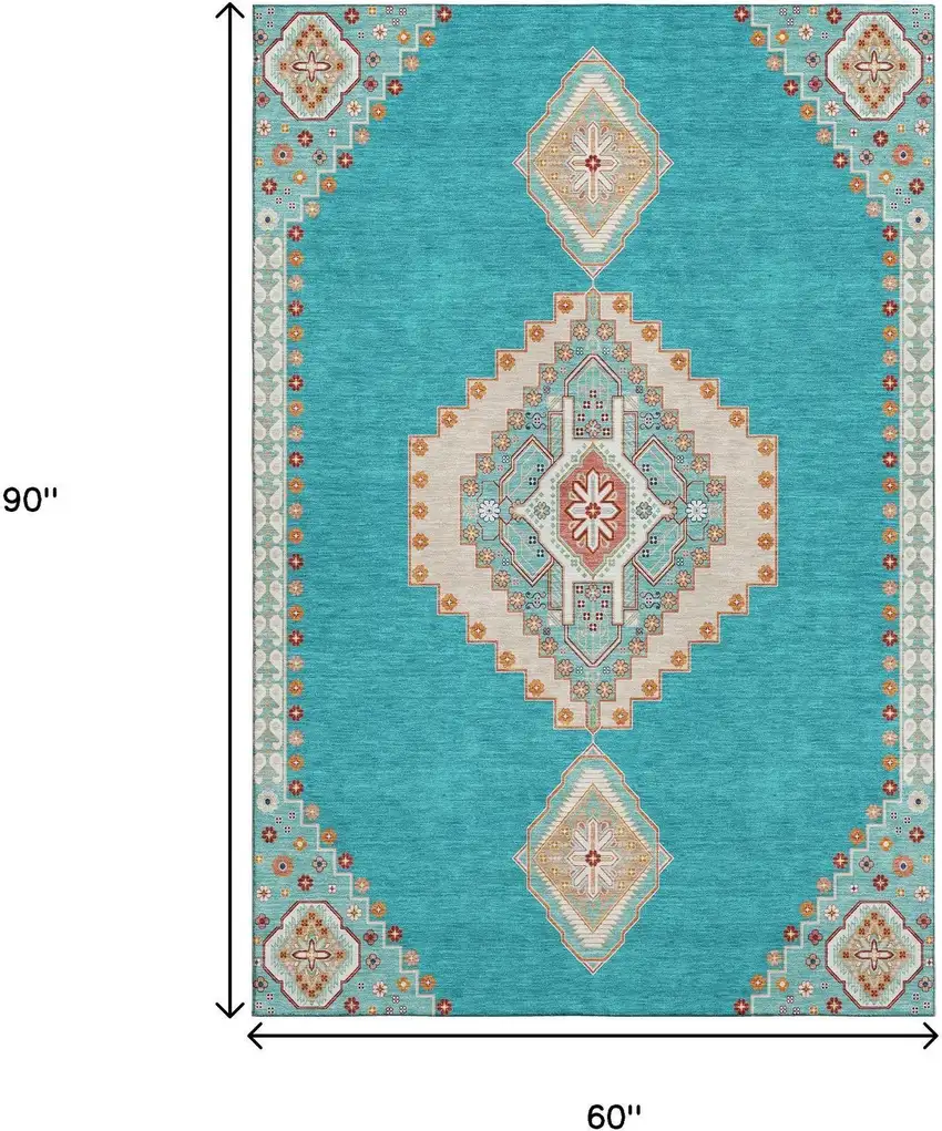 Teal Salmon And Beige Oriental Washable Area Rug With UV Protection Photo 7
