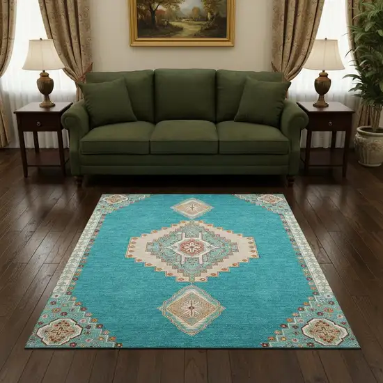 Teal Salmon And Beige Oriental Washable Area Rug With UV Protection Photo 2