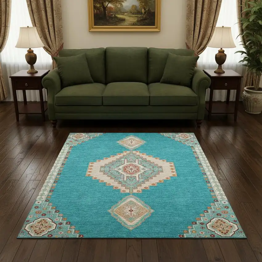 Teal Salmon And Beige Oriental Washable Area Rug With UV Protection Photo 2
