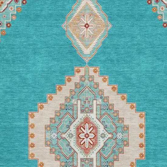 Teal Salmon And Beige Oriental Washable Area Rug With UV Protection Photo 2