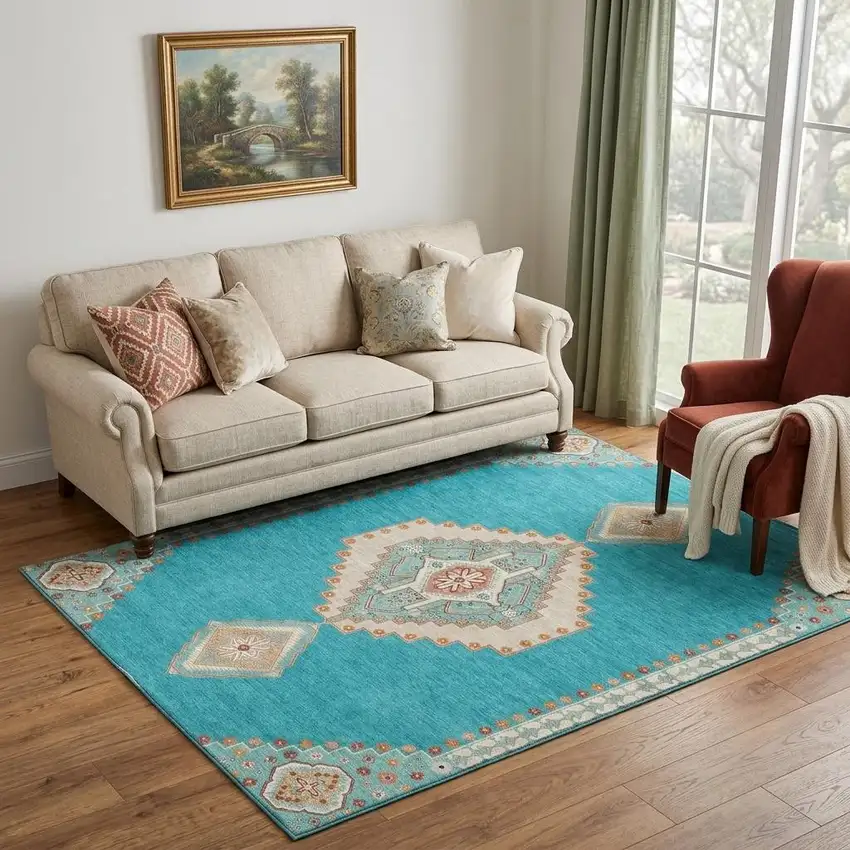 Teal Salmon And Beige Oriental Washable Area Rug With UV Protection Photo 1