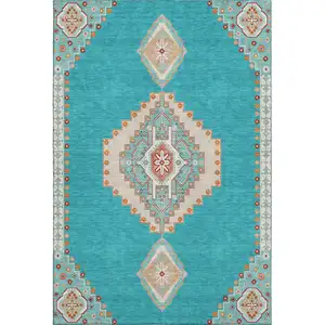 Photo of Teal Salmon And Beige Oriental Washable Area Rug With UV Protection
