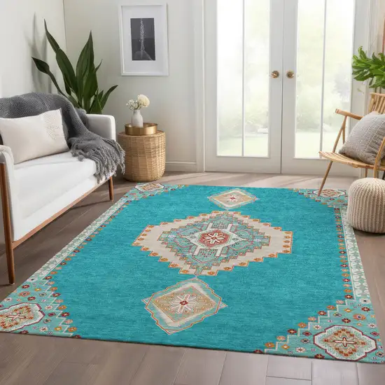 Teal Salmon And Beige Oriental Washable Area Rug With UV Protection Photo 5