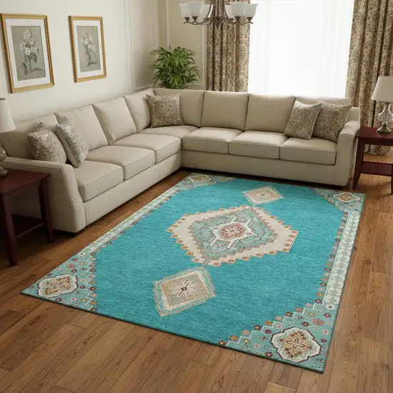 Teal Salmon And Beige Oriental Washable Area Rug With UV Protection Photo 2
