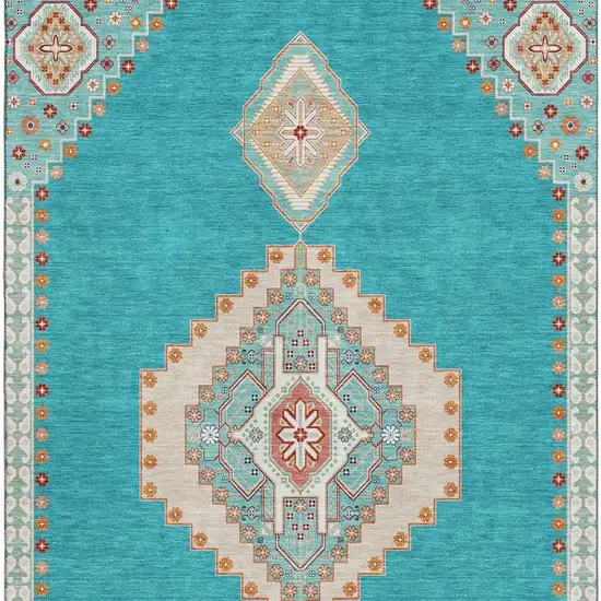 Teal Salmon And Beige Oriental Washable Area Rug With UV Protection Photo 3