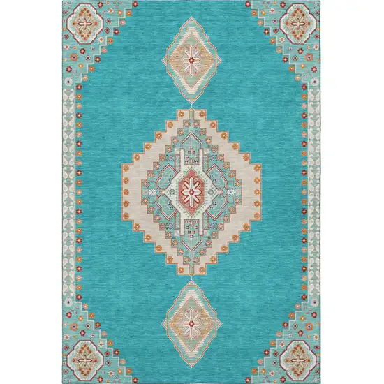 Teal Salmon And Beige Oriental Washable Area Rug With UV Protection Photo 3