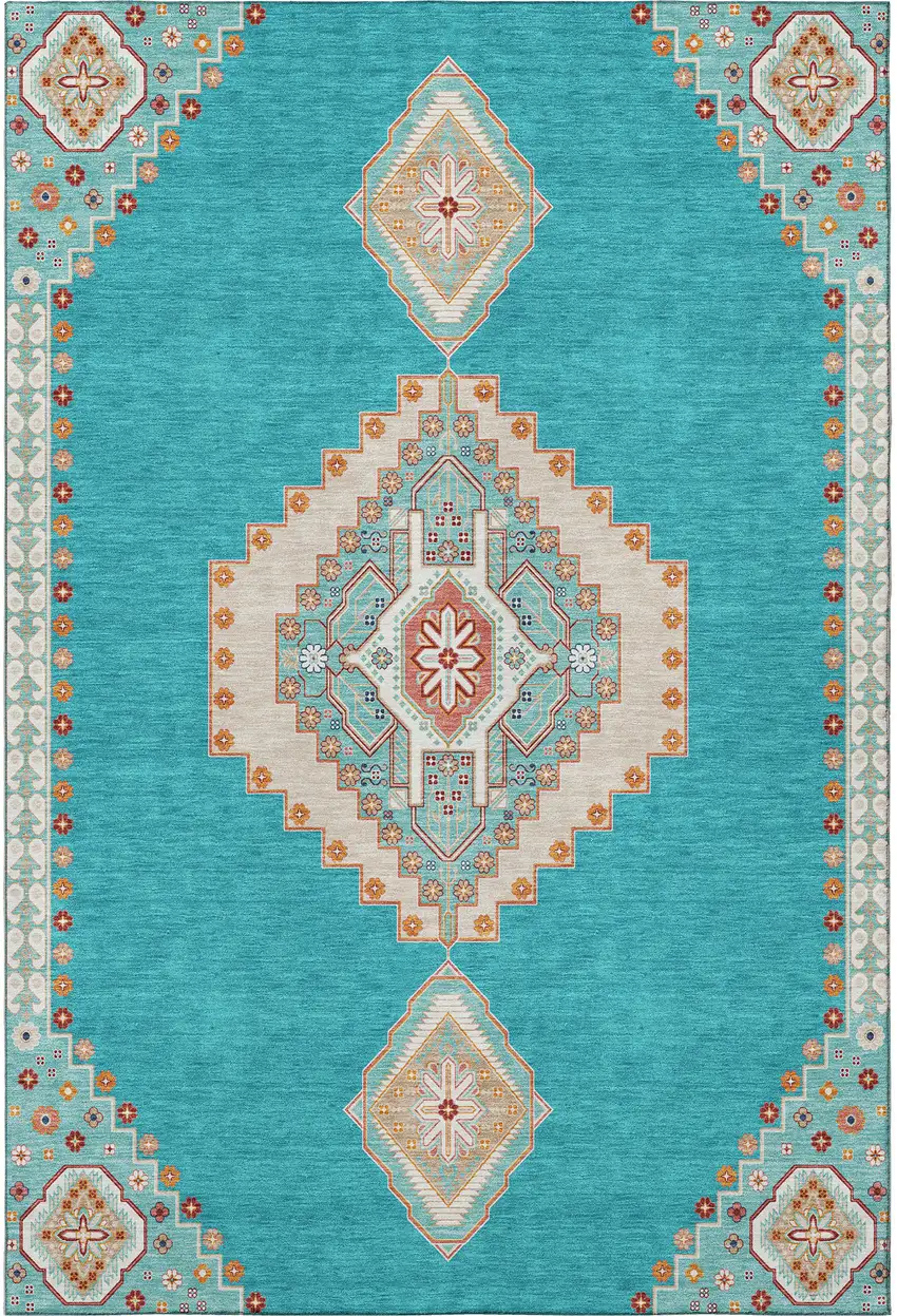 Teal Salmon And Beige Oriental Washable Area Rug With UV Protection Photo 3