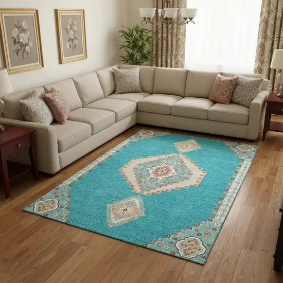 Teal Salmon And Beige Oriental Washable Area Rug With UV Protection Photo 2