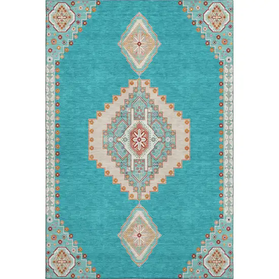 Teal Salmon And Beige Oriental Washable Area Rug With UV Protection Photo 1