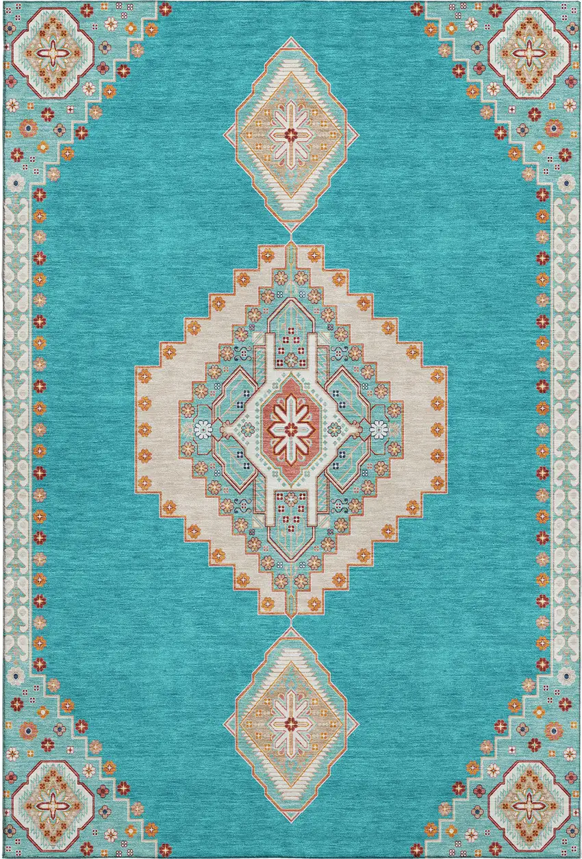 Teal Salmon And Beige Oriental Washable Area Rug With UV Protection Photo 1